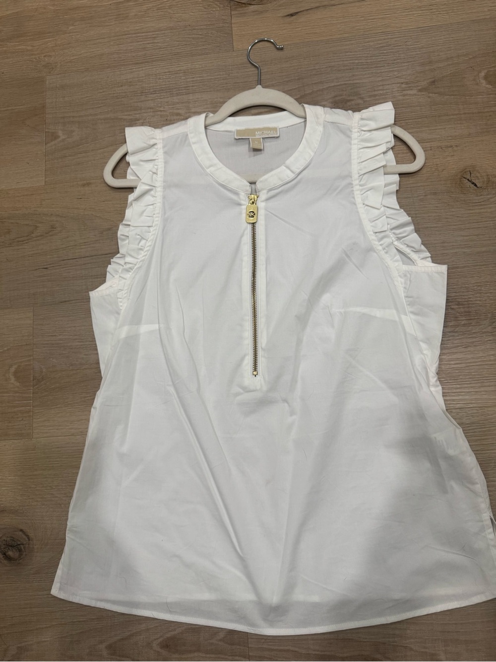 Michael Kors White Sleeveless Ruffle-Shoulder Zip Front Top